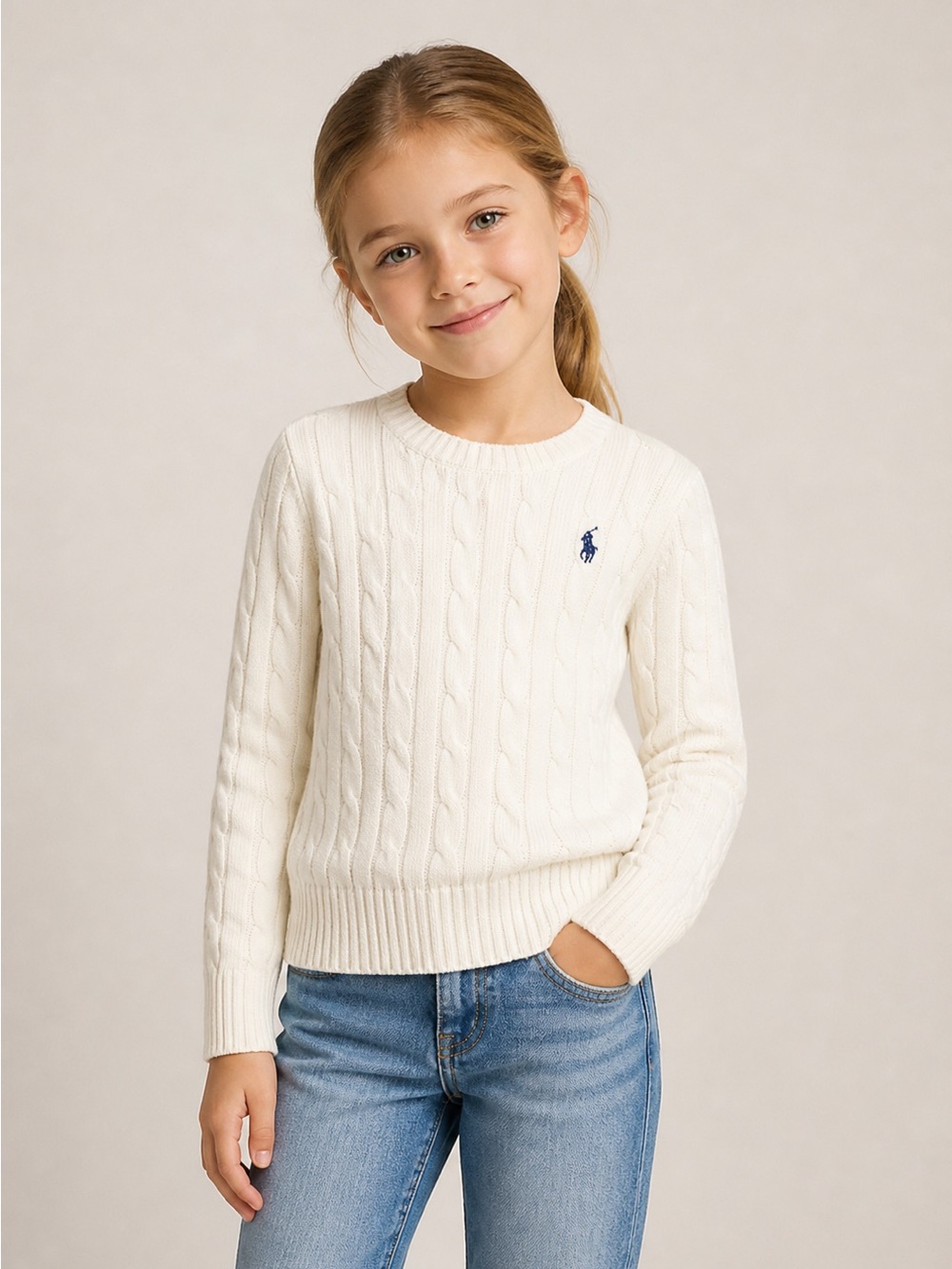 Ralph Lauren Girls' Cream Cable Crewneck Sweater with Navy Pony